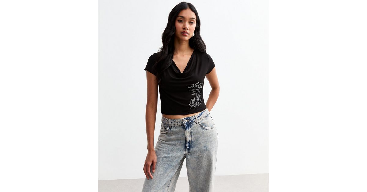 Black Floral Diamanté Cowl Neck T-Shirt | New Look