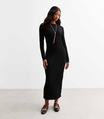 Black Crinkled Long Sleeve Midi Dress