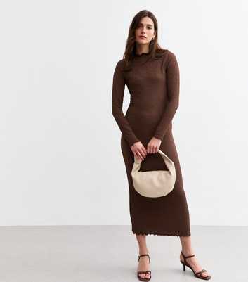 Brown Crinkled Long Sleeve Midi Dress