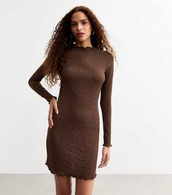 Brown Crinkled Long Sleeve Mini Dress