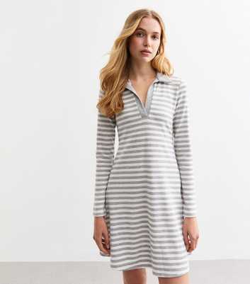 Grey Polo Collar Striped Ribbed Jersey Dress