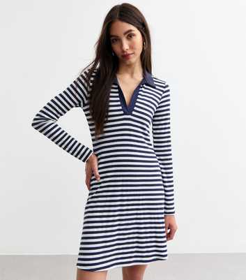 Blue Polo Collar Striped Ribbed Jersey Dress