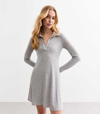 Grey Ribbed Jersey Long Sleeve Mini Skater Dress