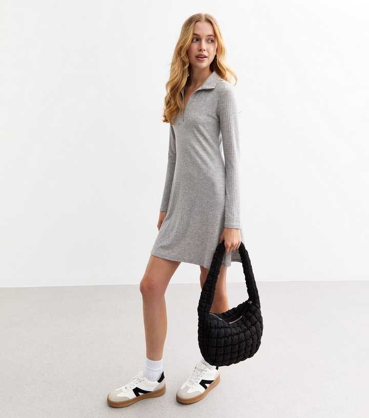 Grey Ribbed Jersey Long Sleeve Mini Skater Dress | New Look