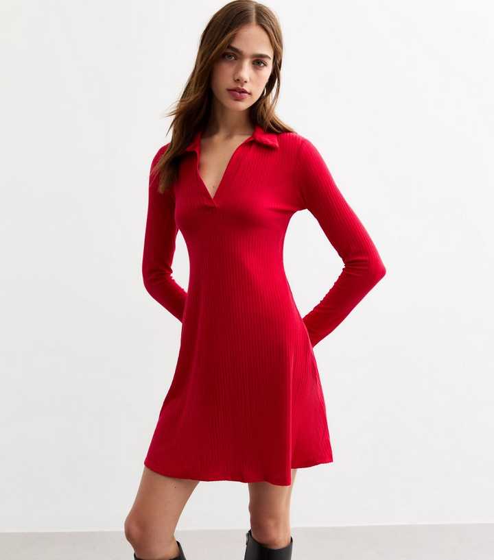 Red Ribbed Jersey Long Sleeve Mini Skater Dress