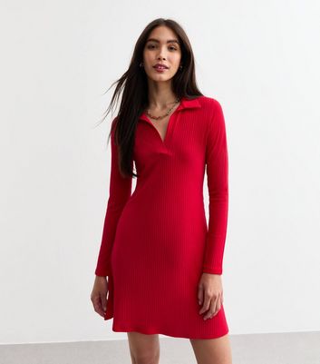 Red Ribbed Jersey Long Sleeve Mini Skater Dress New Look