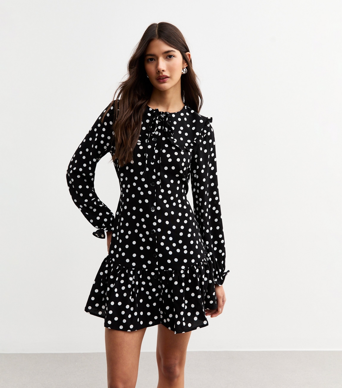 Women's Black Polka Dot Peter Pan Collar Mini Dress New Look