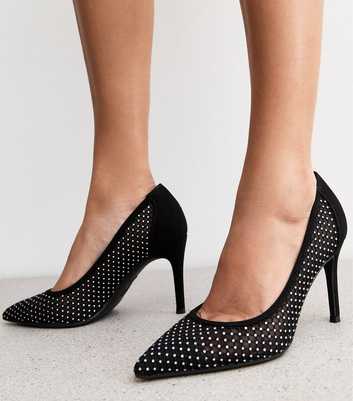 Wide Fit Black Mesh Embellished Court Shoes