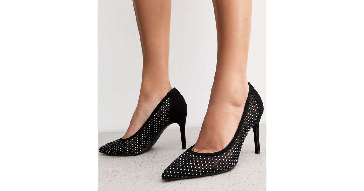 Wide Fit Black Mesh Embellished Court Shoes New Look