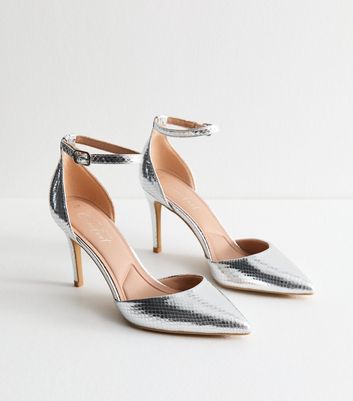 Silver Snakeskin Effect Open Court Shoes New Look