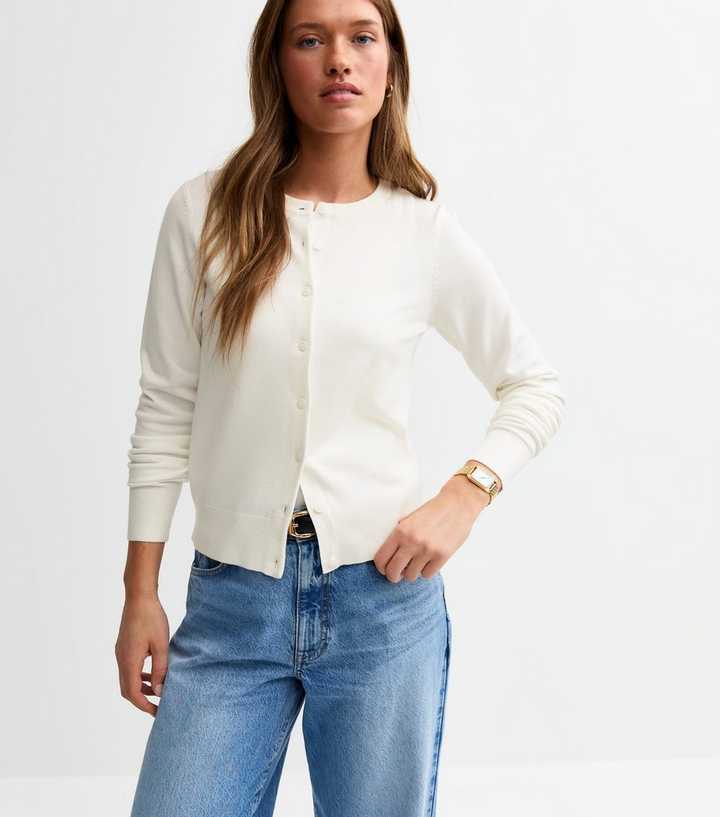 White Crew Neck Button Up Cardigan New Look