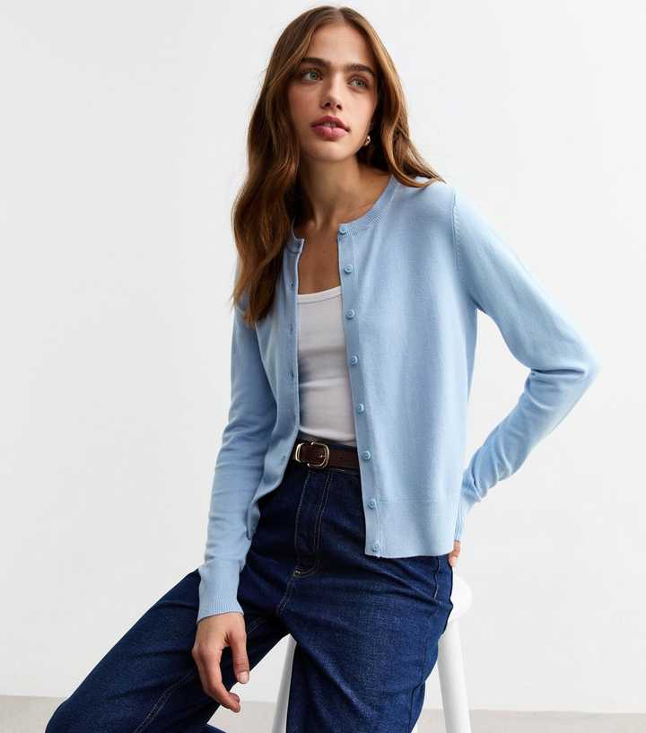 Pale Blue Crew Neck Button Up Cardigan