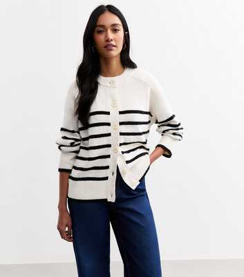 White Horizontal Stripe Seam Detail Knitted Cardigan