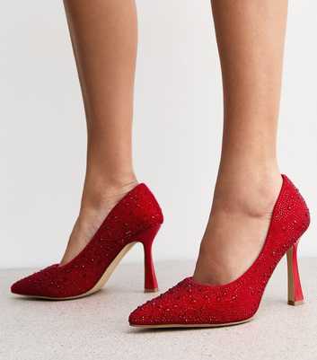 Wide Fit Red Embellished Stiletto Heel Court Shoes