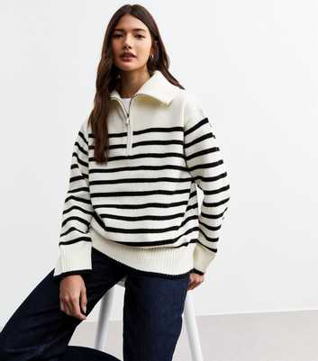 White Striped Half Zip Knitted Jumper