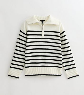 White Striped Half Zip Knitted Jumper | New Look