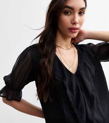 Black Ruffle Front Trim Blouse