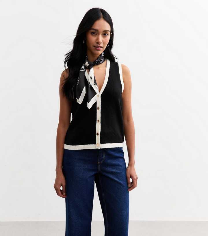 Black Contrast Trim Buttoned Vest