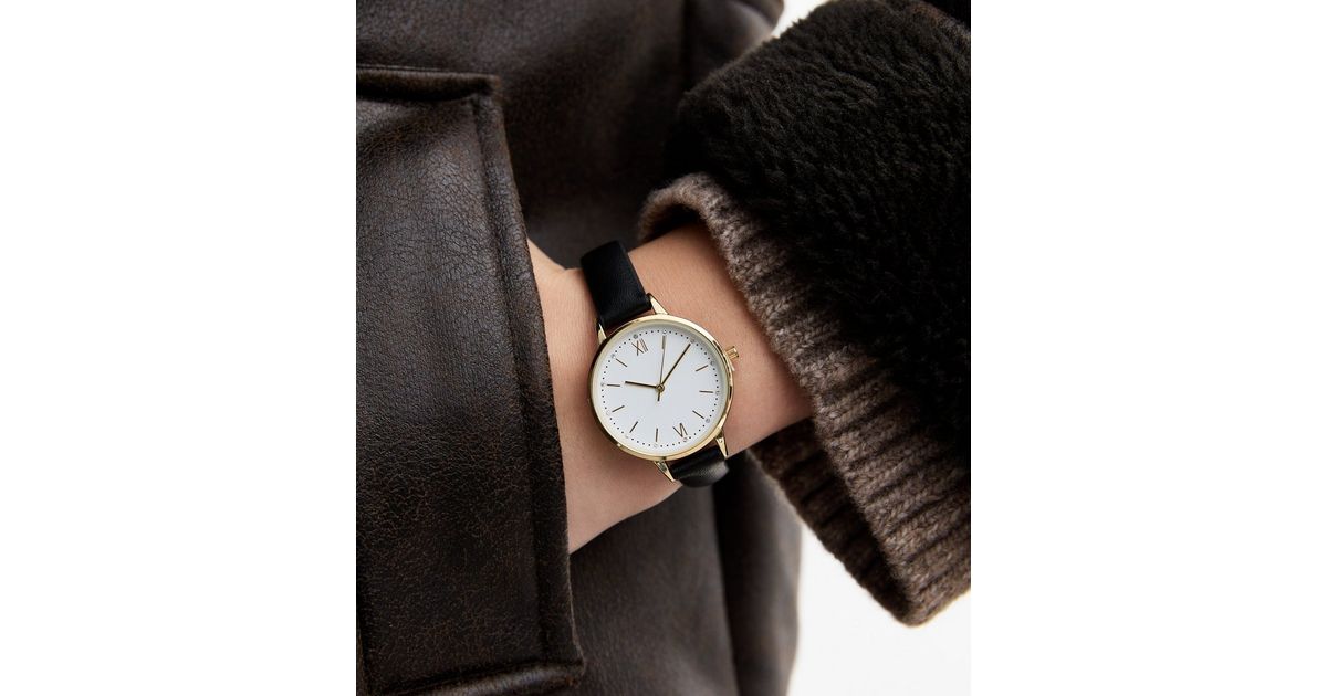 Cute Black Metal Leather Hardlex Crystal Watches