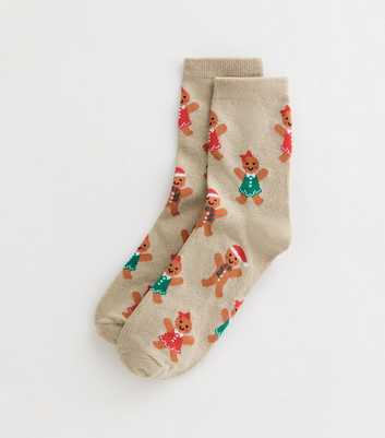 Cream Gingerbread Man Sparkle Christmas Socks