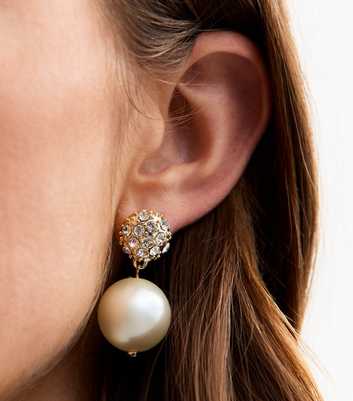 Gold Tone Faux Pearl Diamanté Drop Earrings 