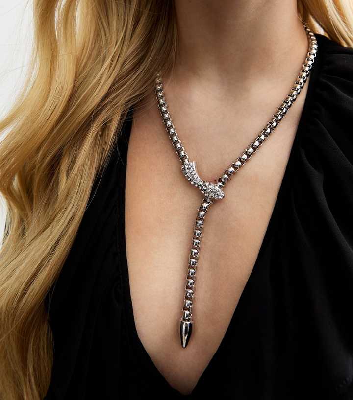 Silver Tone Diamanté Snake Necklace New Look - Main Image