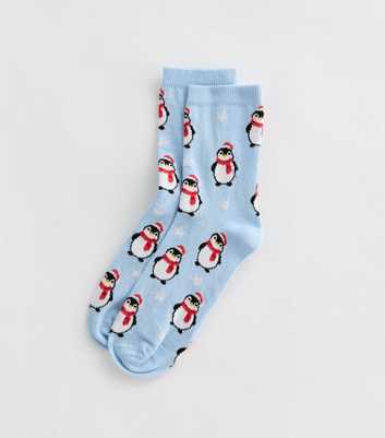 Blue Christmas Penguin Socks