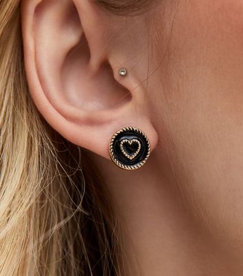 Black Gold Tone Heart Enamel Stud Earrings New Look