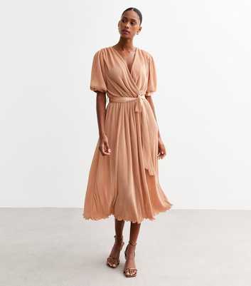 Gini London Pink Plissé V-Neck Wrap Midi Dress