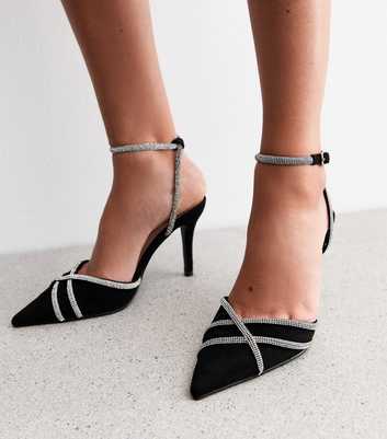 Black Faux Suede Diamanté Strap Open Court Shoes