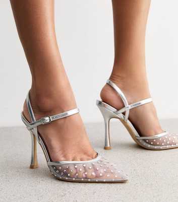 Silver Diamanté Mesh Stiletto Heel Sandals