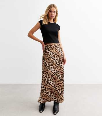 Brown Animal Print Satin Midi Skirt