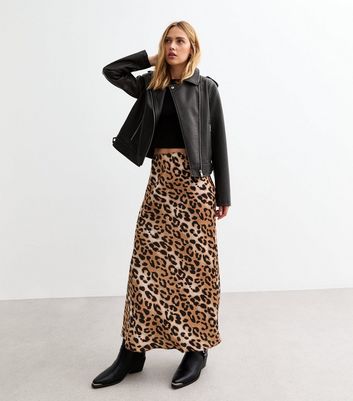 Brown Animal Print Satin Midi Skirt New Look