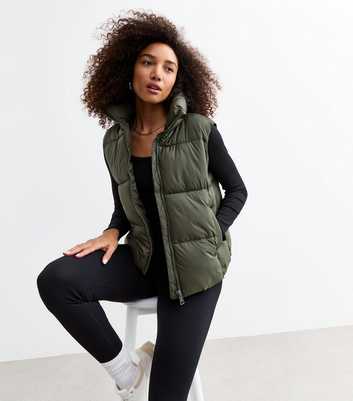 Khaki Green Oversized Crop Puffer Gilet