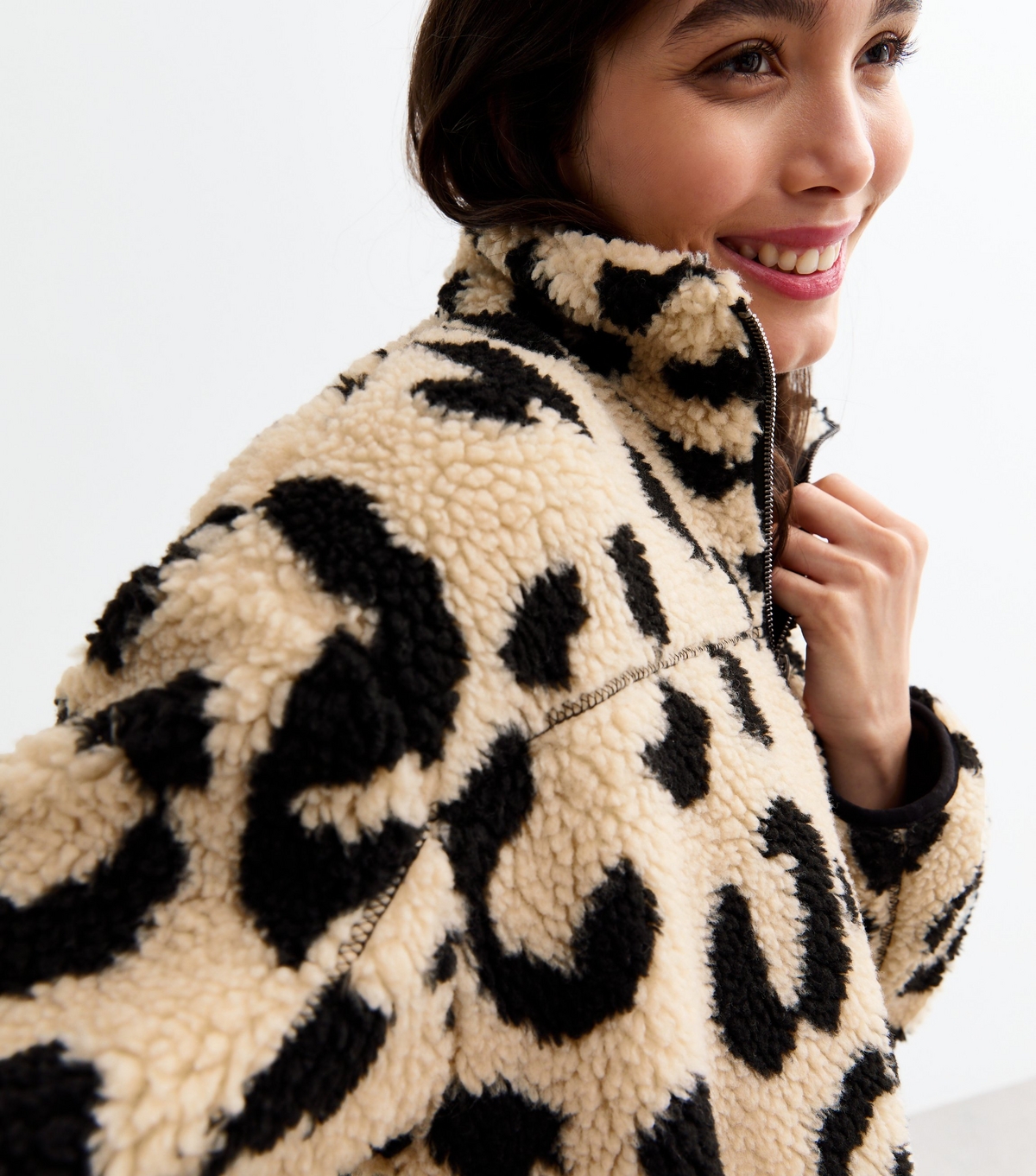 Women's Brown Animal Print Zip Up Borg Jacket New Look