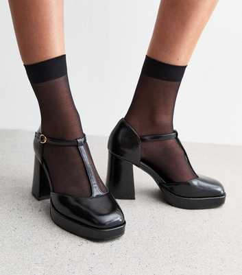 Black T Bar Faux Leather Platform Court Shoes