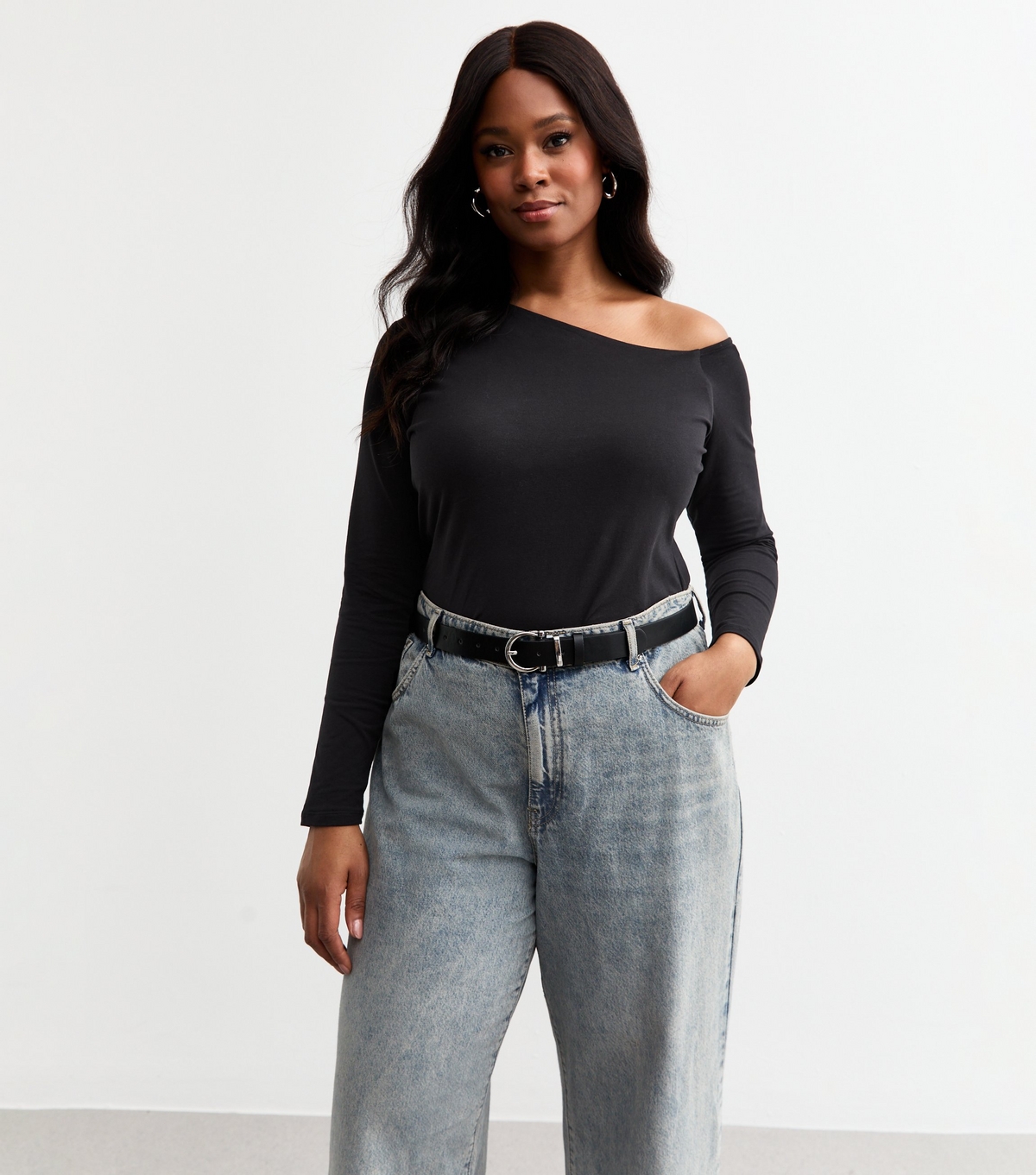 Women's Plus Size Black Asymmetric Off Shoulder Top Curves New Look