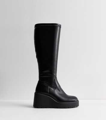 Wide Fit Black Faux Leather Wedge Heel Boots