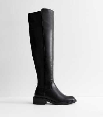 Black Contrast Panel Faux Leather Over The Knee Boots