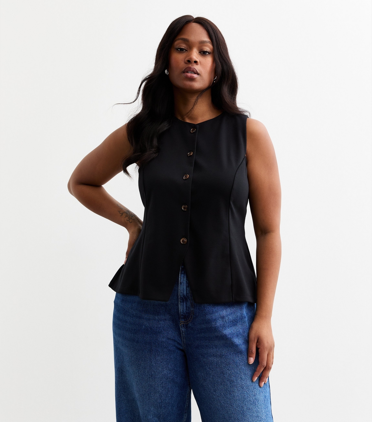 Women's Plus Size Black Button Up Jersey Waistcoat Curves New Look