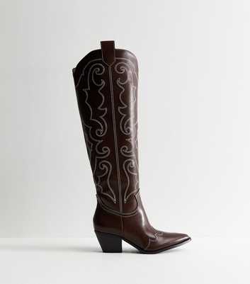 Dark Brown Western Faux Leather Knee High Boots