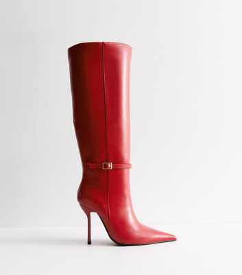 Red Faux Leather Stiletto Heel Knee High Boots