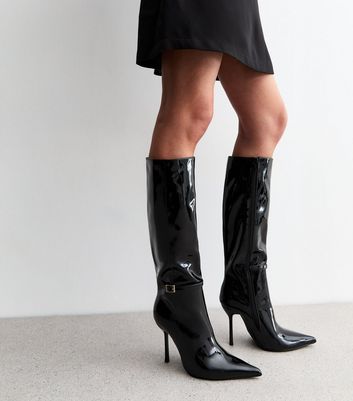 Black Patent Stiletto Heel Knee High Boots New Look