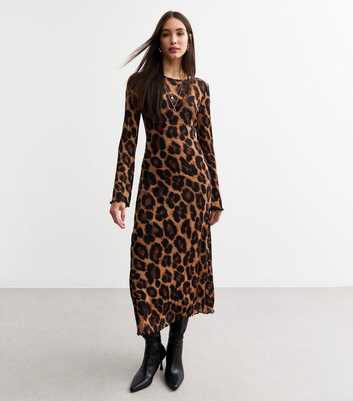 Brown Leopard Print Jersey Mesh Midi Dress