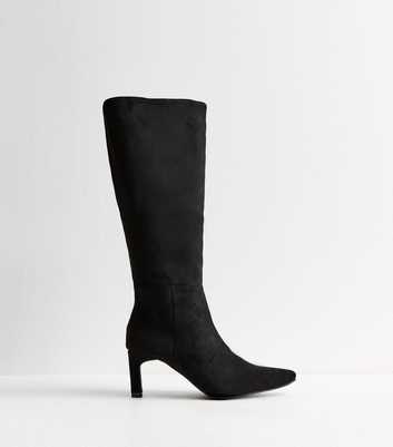 Black Kitten Heel Faux Suede Knee High Boots