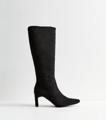 Black suede kitten heel knee high boots on sale