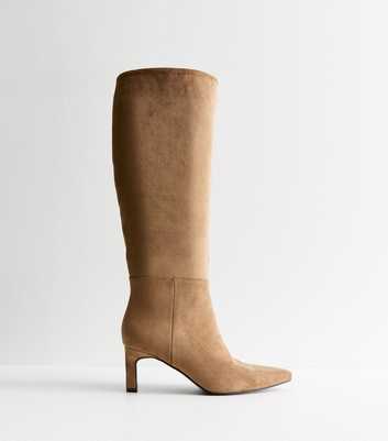 Camel Kitten Heel Faux Suede Knee High Boots