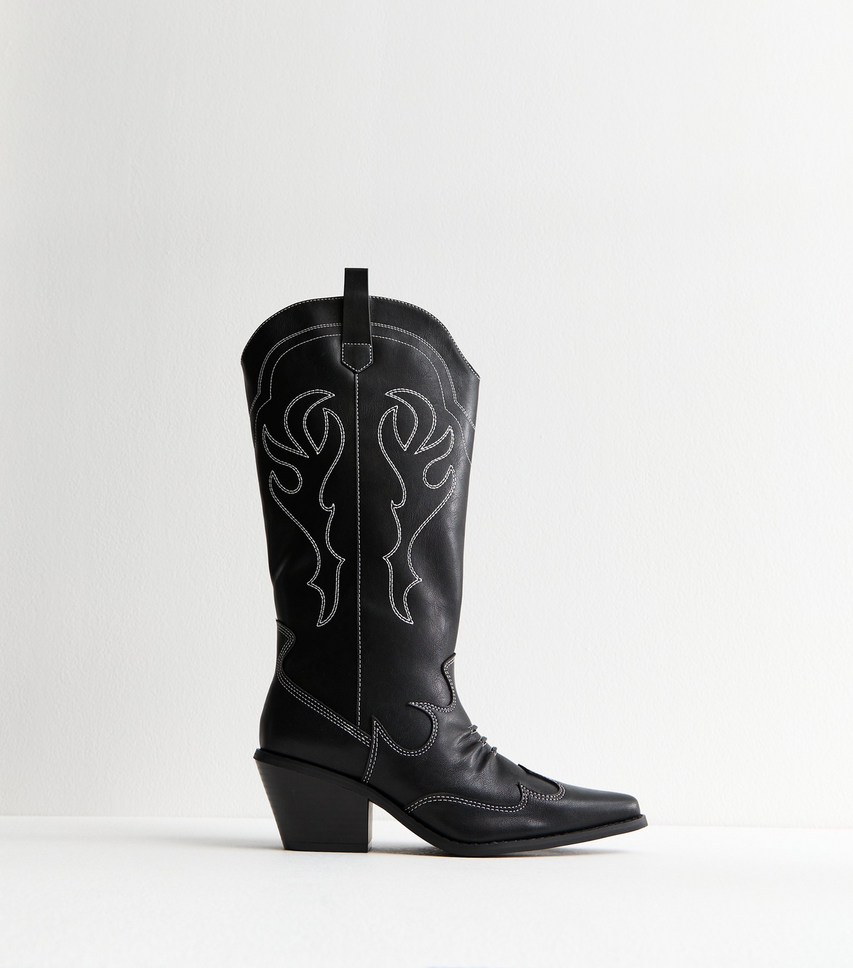 Women's Black Faux Leather Stitch Detail Cowboy Boots Vegan New Look