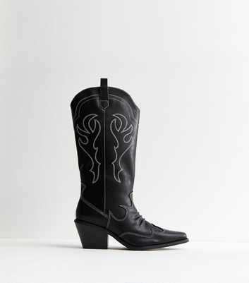 Black Faux Leather Stitch Detail Cowboy Boots