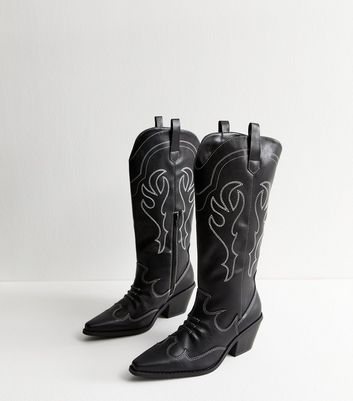 Black Faux Leather Stitch Detail Cowboy Boots New Look